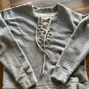 MOTHER Gray Lace-Up V-Neck Pullover Sweater